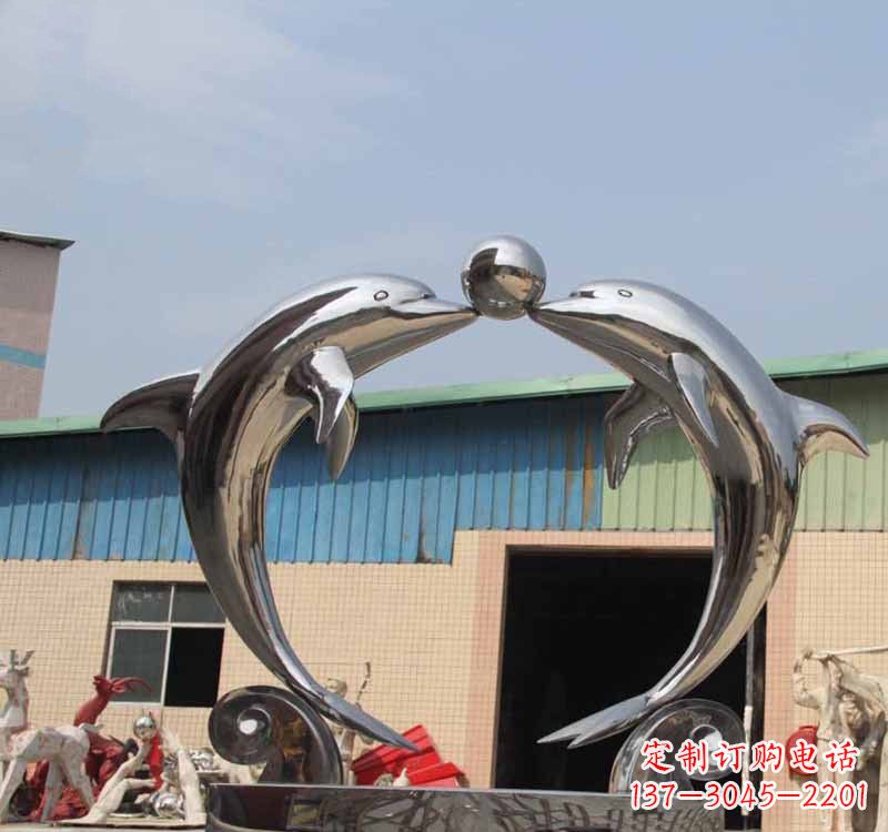 山西不锈钢公园镜面海豚顶球雕塑