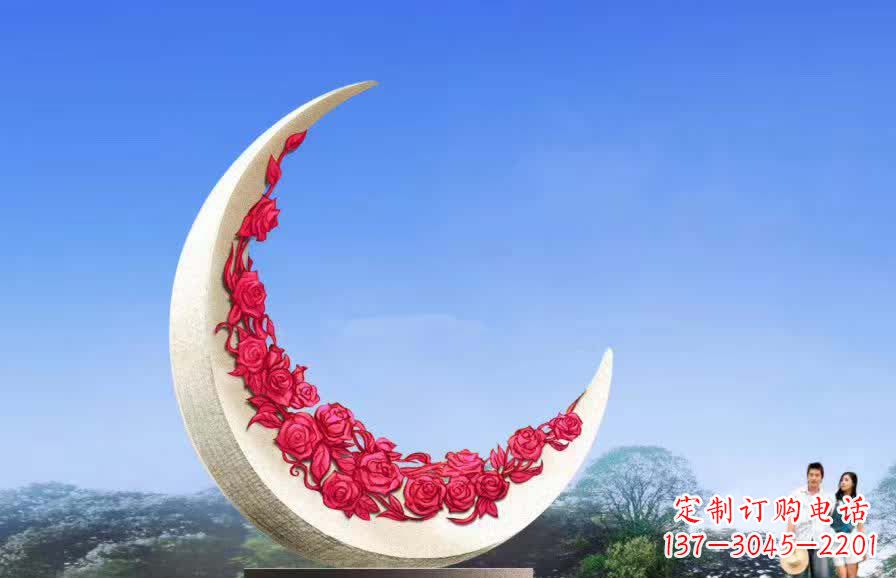 山西不锈钢广场月亮雕塑月光下的璀璨美景
