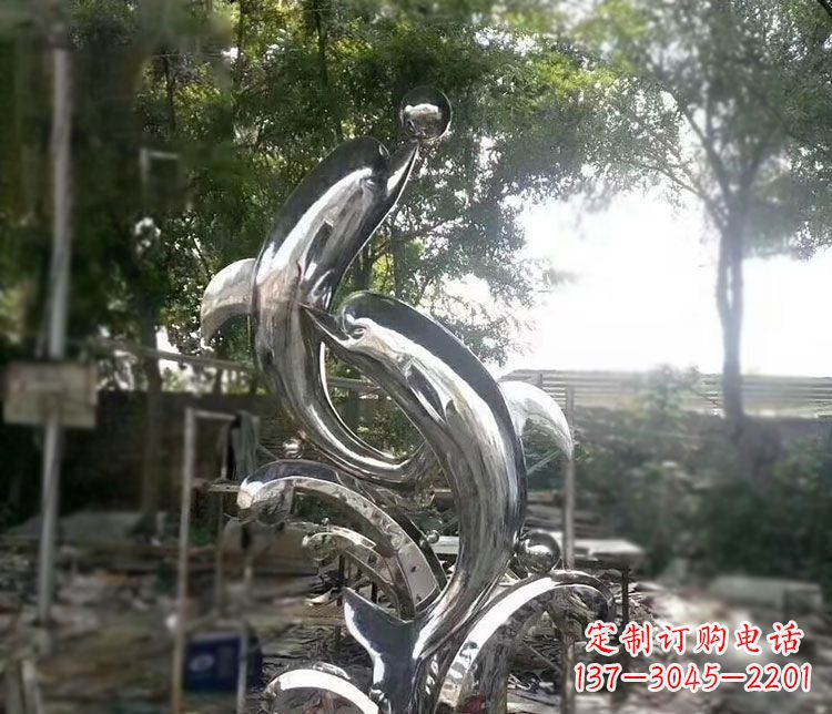 山西不锈钢海豚顶球雕塑