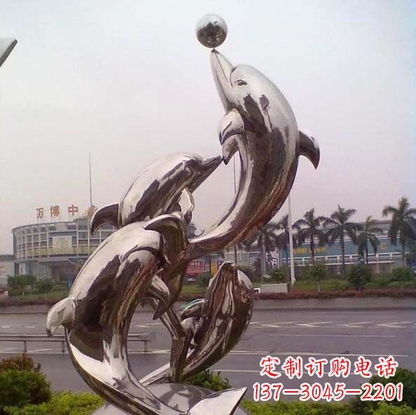 山西不锈钢海豚顶球造型雕塑