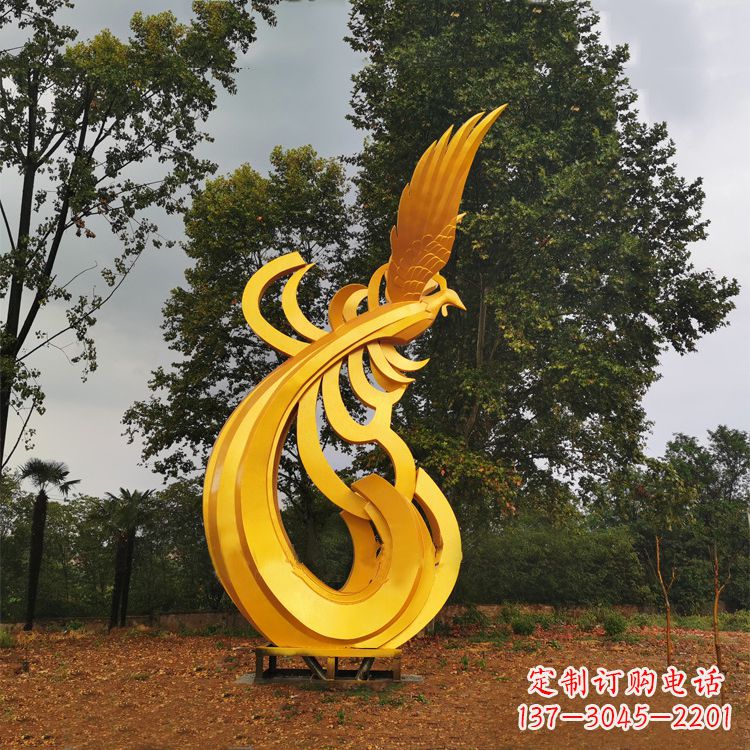 山西不锈钢凤凰雕塑黄金色园林之美