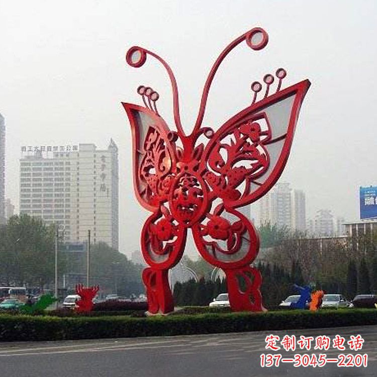 山西城市园林道路绿化带大型红色蝴蝶不锈钢雕塑景观