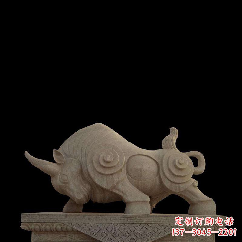 山西抽象牛砂岩雕塑-生肖动物石雕摆件