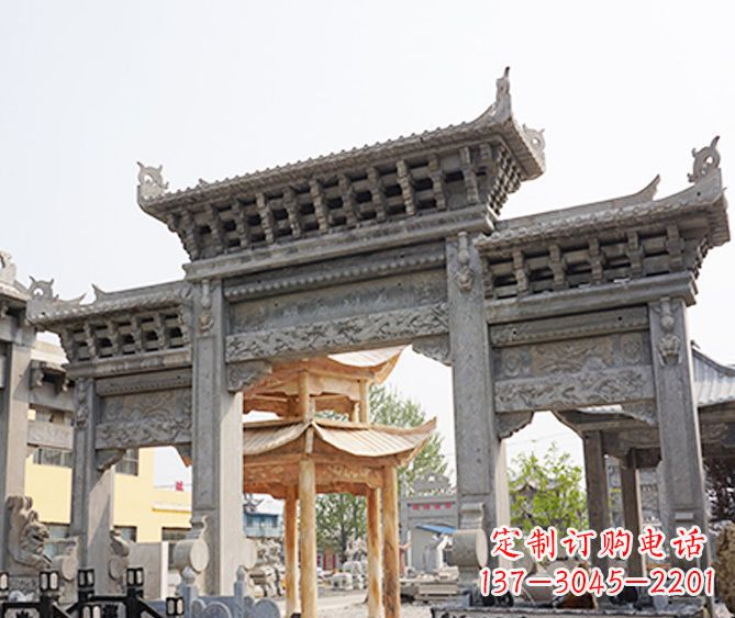 山西村庄大理石三门牌坊石雕