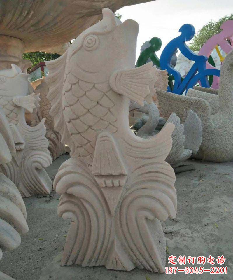 山西大理石艺术装饰绚丽多彩的鲤鱼雕塑