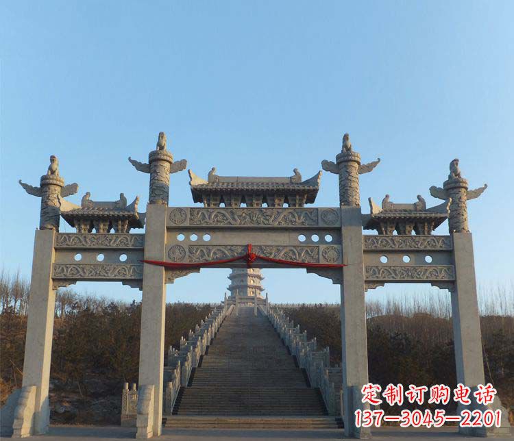 山西精美大理石三门牌坊雕塑