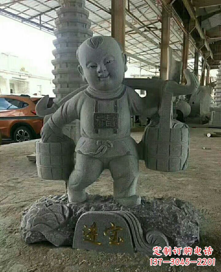 山西装点童年的大理石招财进宝儿童雕塑