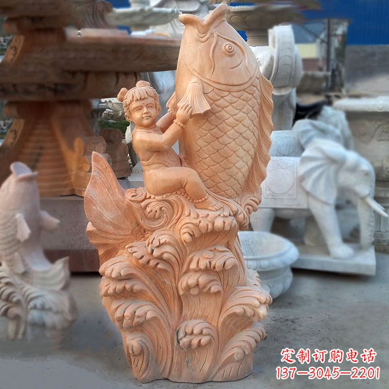 山西大型喷水鲤鱼景观雕塑-晚霞红石雕动物喷泉