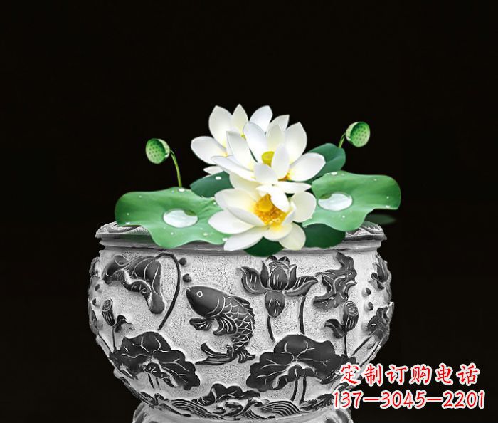 山西仿古荷花鲤鱼雕塑石水缸
