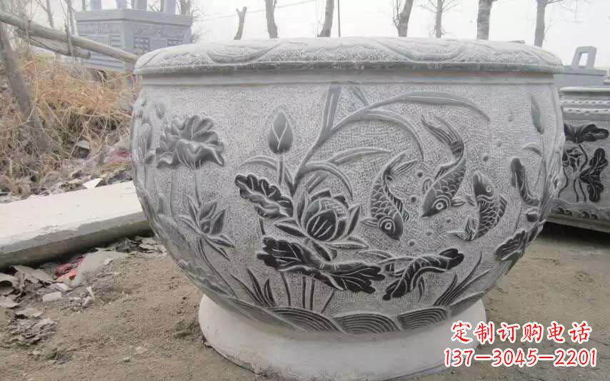 山西仿古雕刻鲤鱼石浮雕水缸