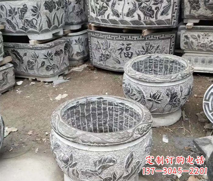 山西仿古荷花石浮雕水缸塑像