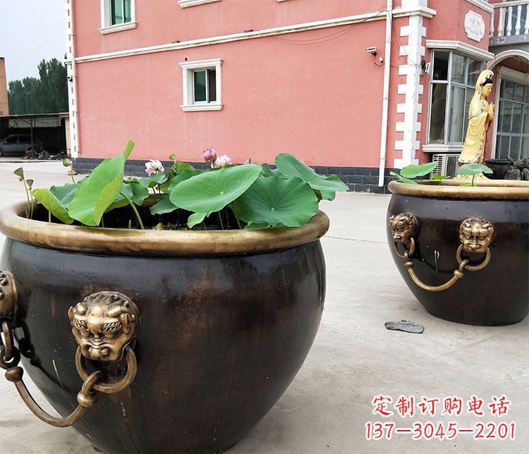 山西仿古狮子头水缸铜雕塑 (2)