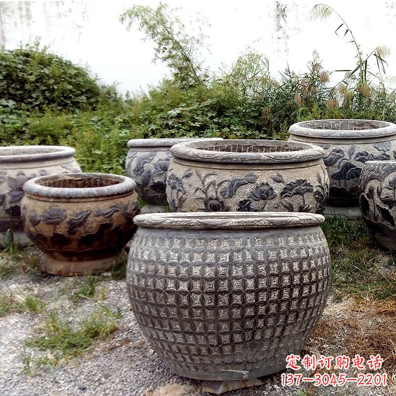 山西仿古石雕花盆水缸——精美艺术家品