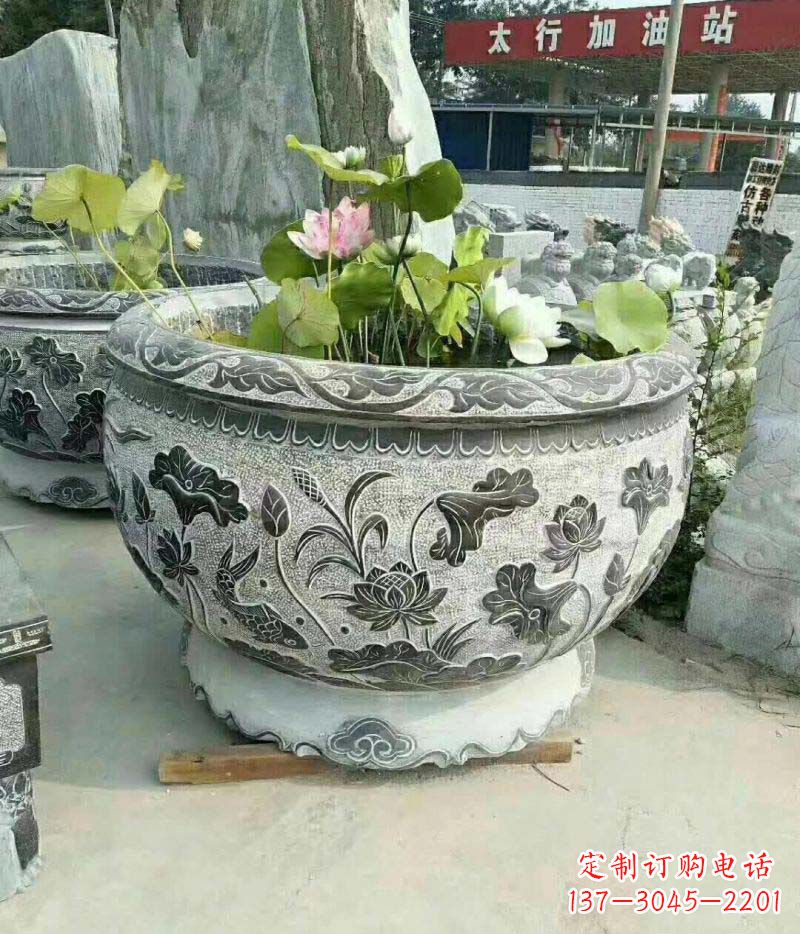 山西仿古石雕荷花水缸——精美的艺术品