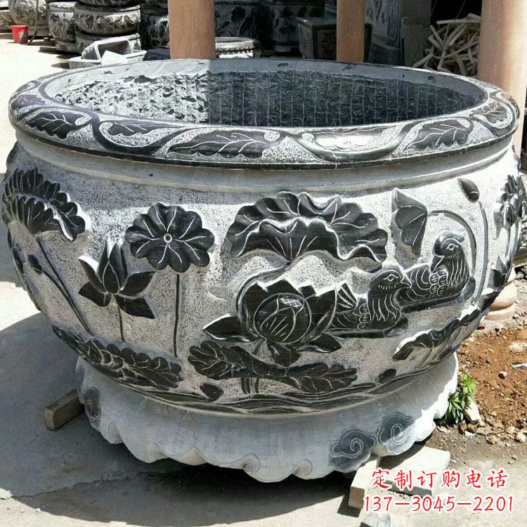 山西极致精细仿古圆形鱼缸石雕