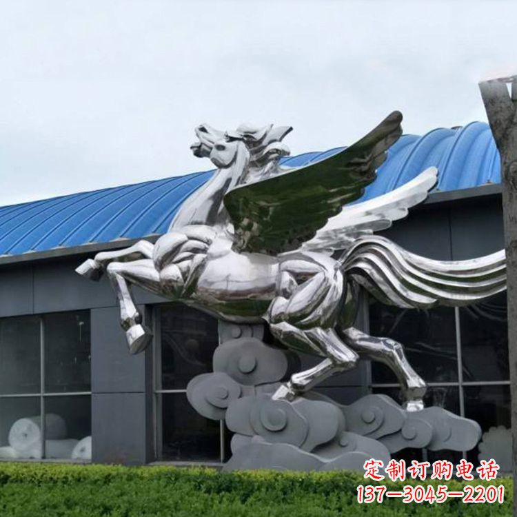 山西飞马镜面不锈钢雕塑-企业景观动物标识