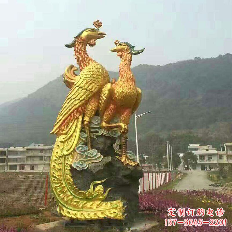 山西凤凰景观铜雕塑-公园景区瑞鸟凤凰鎏金景观雕塑