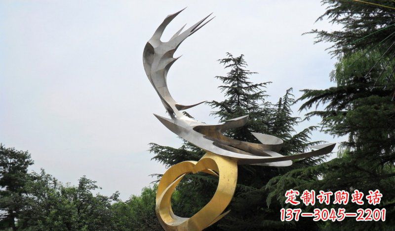山西公园不锈钢抽象凤凰展翅雕塑