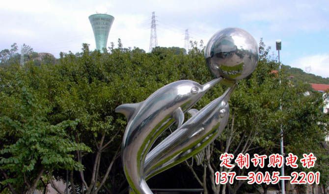 山西高贵静谧的不锈钢海豚顶球雕塑