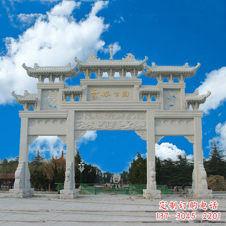 山西传承历史的精美汉白玉三门牌楼雕塑