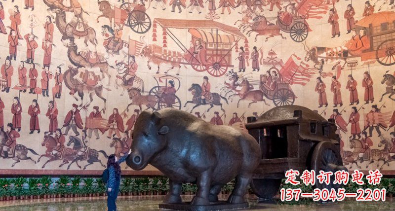 山西传统风格铜河马拉车景观雕塑