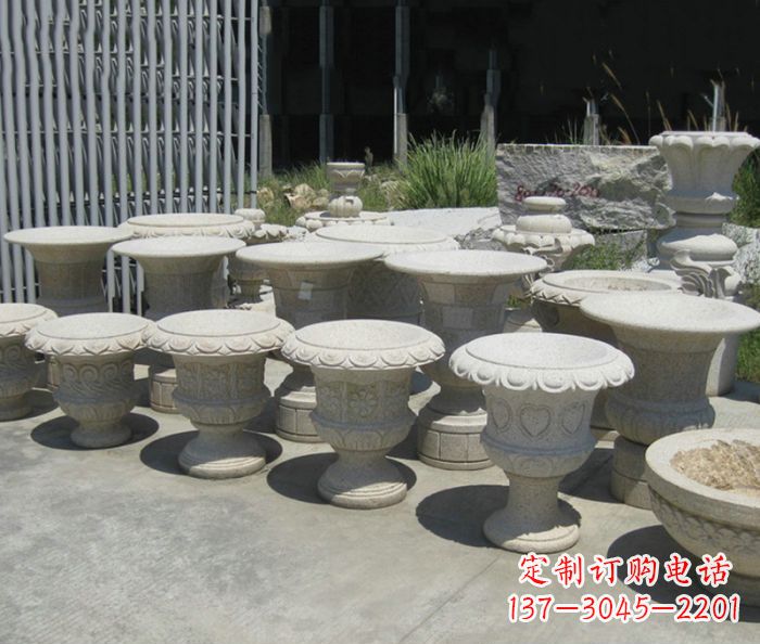山西大理石花盆石雕艺术品