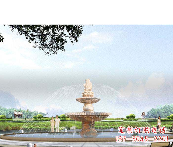 山西公园景观晚霞红鲤鱼喷泉石雕