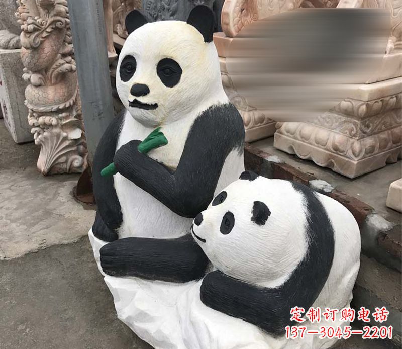 山西领雕塑——公园母子熊猫石雕