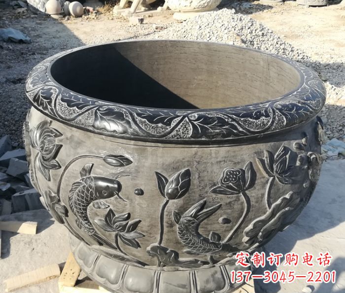 山西青石仿古雕塑荷花水缸