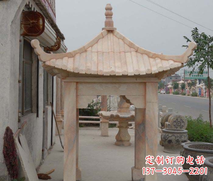 山西精美红六角石凉亭雕塑