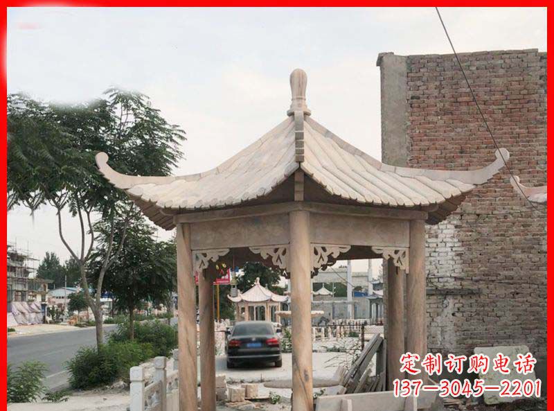 山西公园晚霞红六角石凉亭雕塑