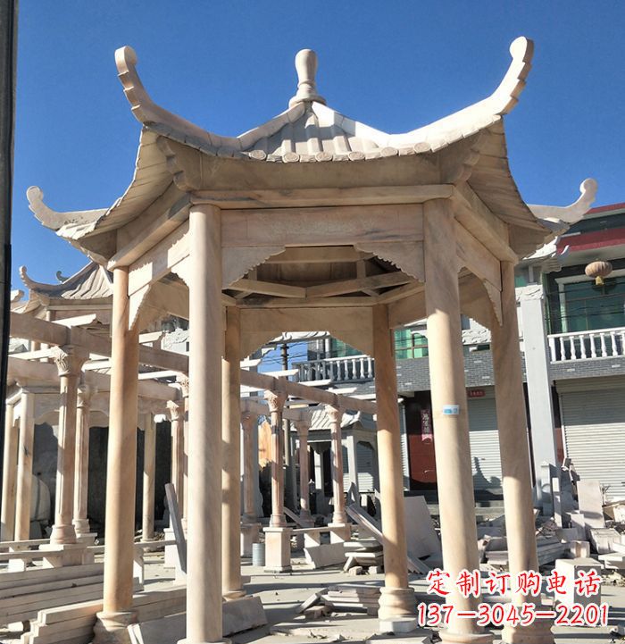 山西公园晚霞红六角石雕凉亭 (7)