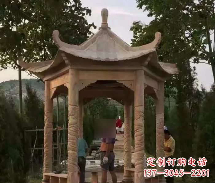 山西公园晚霞红六角石雕凉亭 (9)