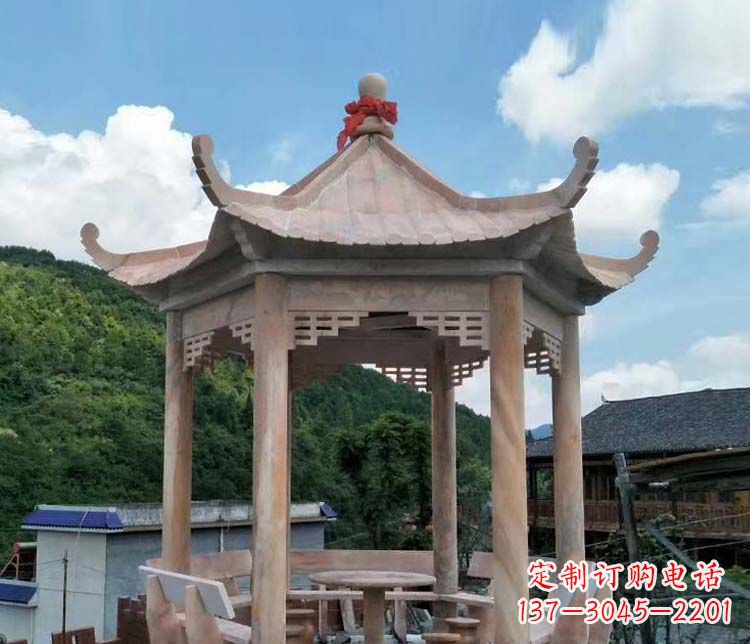 山西公园晚霞红六角石雕凉亭 (10)