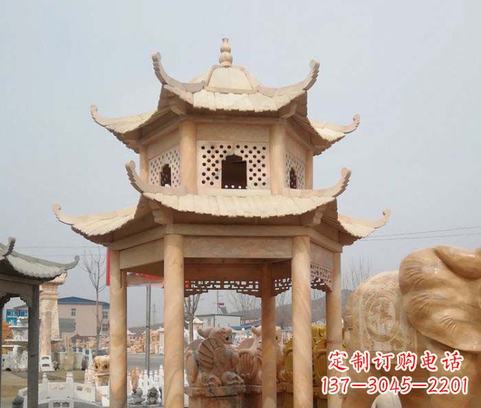 山西红双层六角石凉亭雕塑