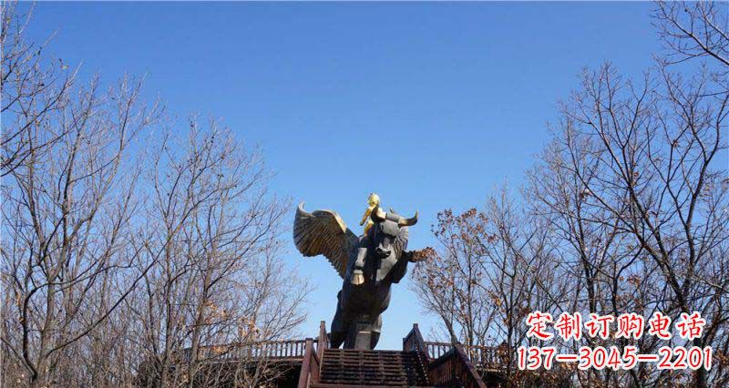 山西公园站在飞牛上的小男孩景观铜雕