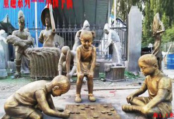 山西铜质童趣儿童下棋雕塑