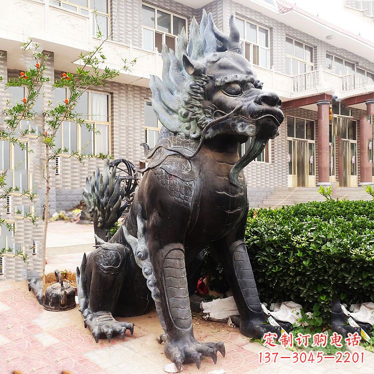 山西古铜色镇宅铜麒麟雕塑,精美绝伦!