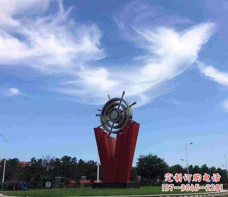 山西海上风情,精致大气的不锈钢船舵雕塑