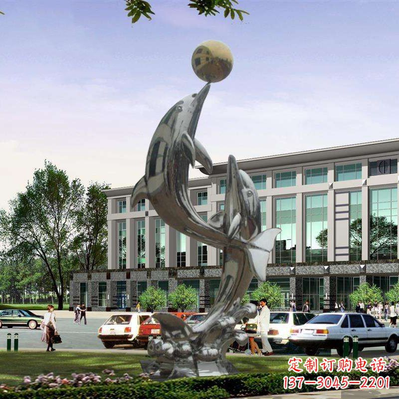 山西不锈钢海豚戏球雕塑,营造清新海岸风情