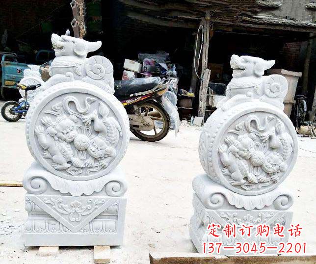 山西汉白玉抱鼓石招财石门墩石雕