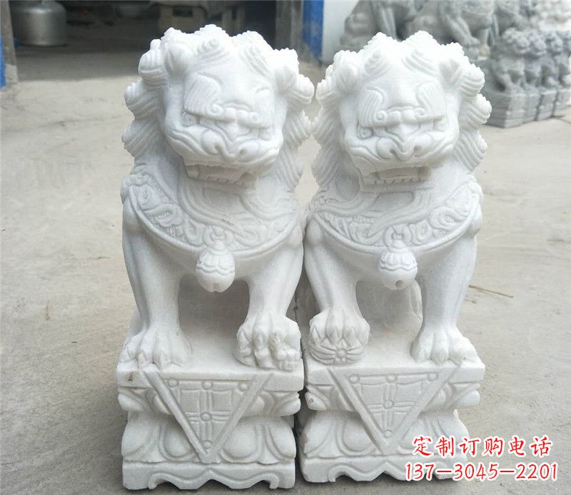 山西定制精美的汉白玉酒店吉祥狮子门墩