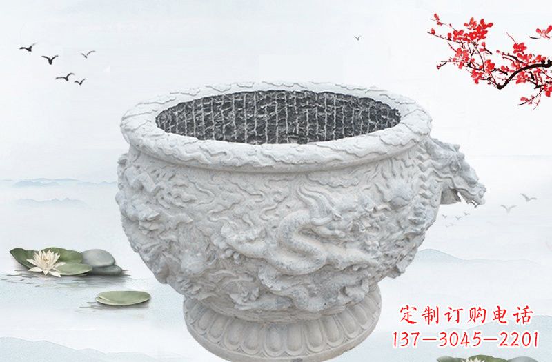 山西汉白玉龙浮雕水缸,传承传统经典
