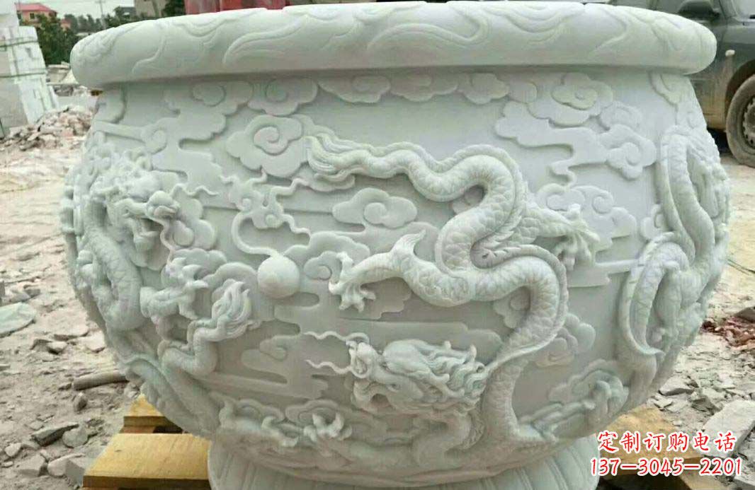 山西汉白玉龙浮雕水缸雕塑