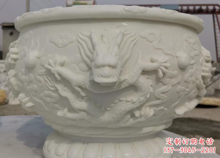 山西汉白玉龙浮雕鱼缸雕塑