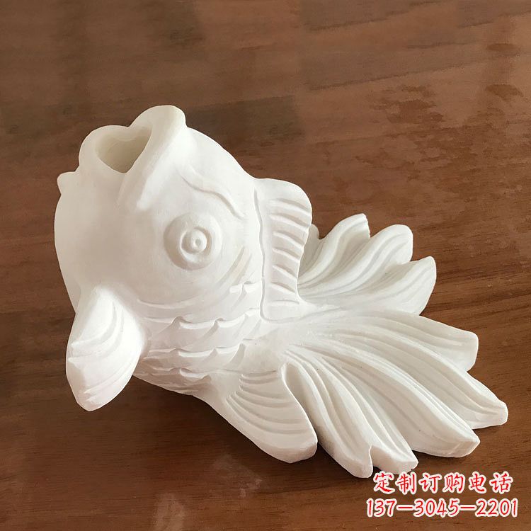 山西汉白玉喷水金鱼石雕-园林水景创意动物雕塑摆件