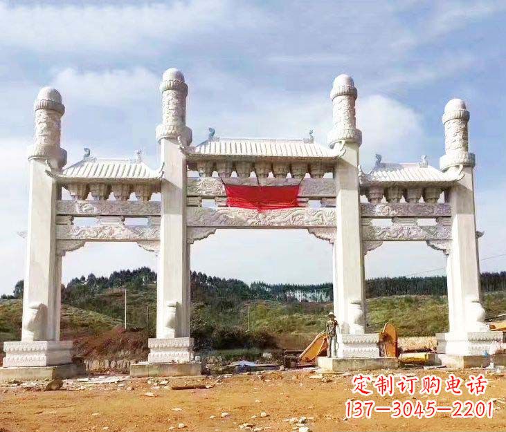 山西汉白玉三门牌坊石雕
