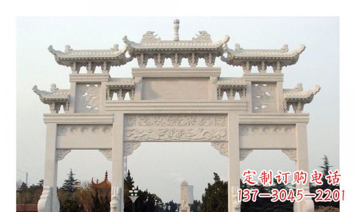 山西汉白玉三门石雕牌坊