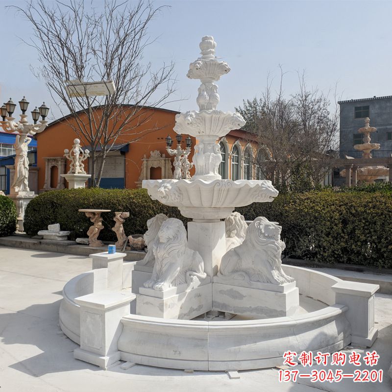 山西定制白玉狮子喷泉雕塑