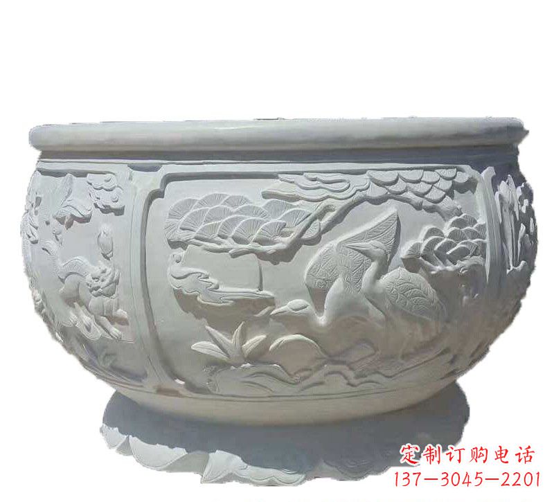 山西汉白玉松鹤延年浮雕水缸,带给您无尽的岁月美景